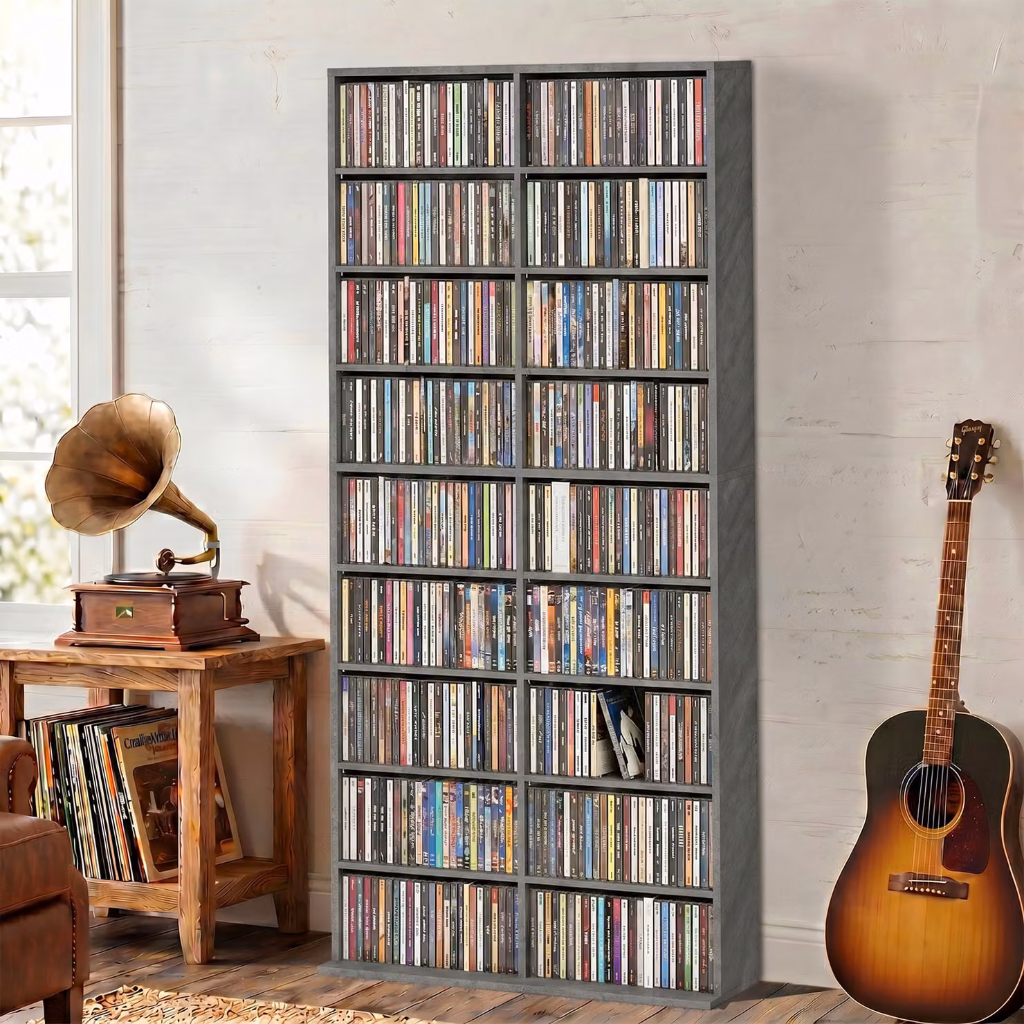 Scaffale per CD e DVD HOMCOM con 18 scomparti e capacità 640 dischi, Grigio chiaro – 2