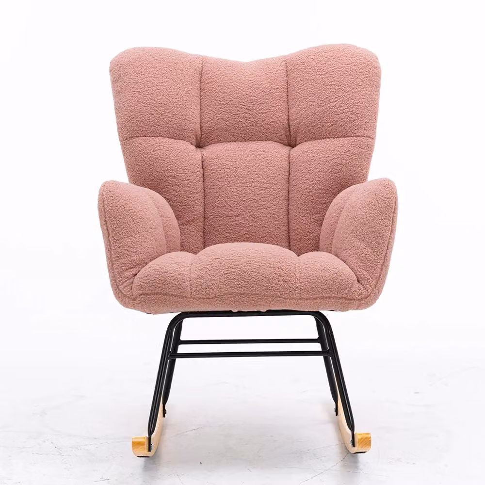 Poltrona a dondolo moderna con braccioli in tessuto boucle rosa e struttura mista per soggiorno o camera da letto – 2