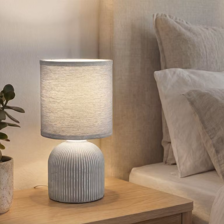 Briloner Ino, lampada da tavolo, paralume in tessuto, interruttore a cavo, base in Vetroceramica, grigio, Ø15 x 28 cm