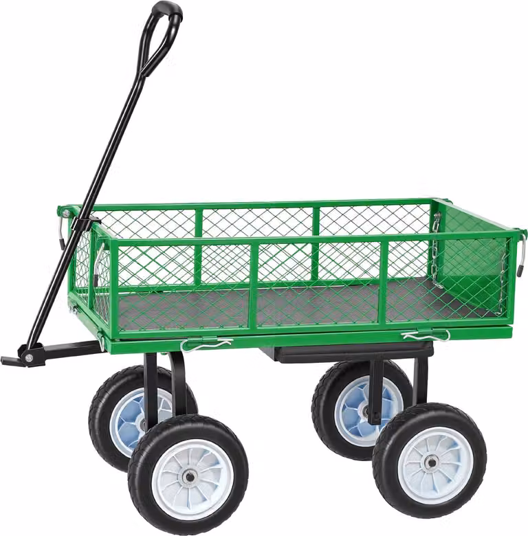 Carrello pieghevole SucceBuy con capacità di carico di 226,8 kg, carrello da giardino con sedile, ruote in PU, vano porta attrezzi e maniglia regolabile: ideale per prati, terrazze, giardini e aree verdi.