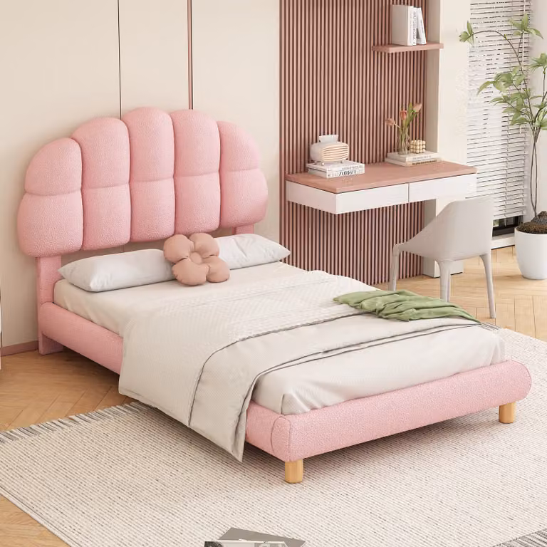 Letto imbottito Merax 90x200cm con testata semicircolare, letto singolo rivestito in velluto letto per bambini con rete a doghe in legno, rosa