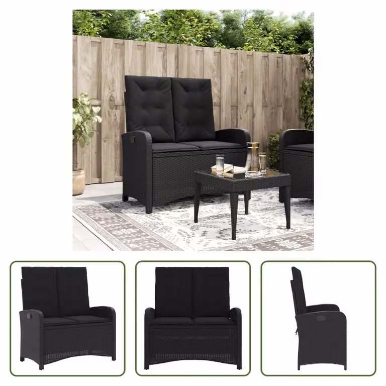 The Living Store Panca da giardino regolabile con cuscini in poly rattan nero