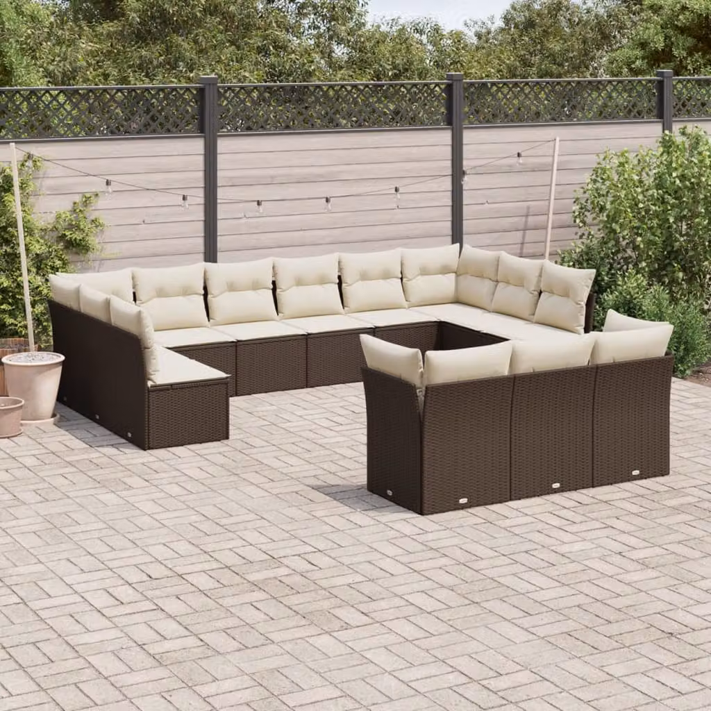 vidaXL Set Divani da Giardino a Forma di U in Polyrattan Marrone con Cuscini Bianchi e Struttura in Metallo, 13 Pezzi – 1