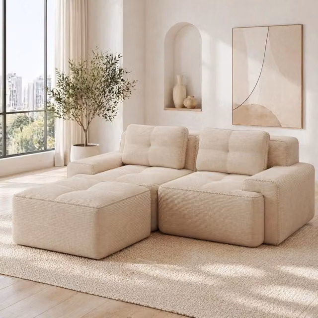 Divano modulare senza struttura in corduroy beige; seduta profonda 74 cm