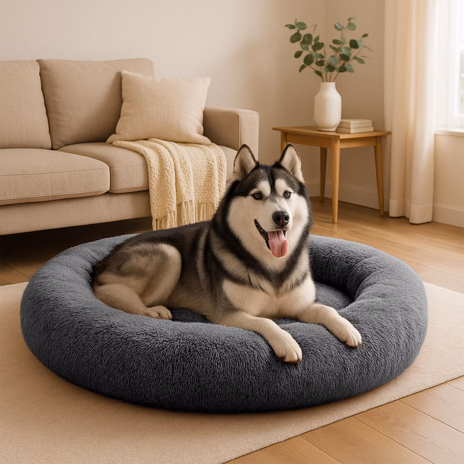belviona donut dog bed, accogliente letto in peluche con morbida imbottitura, presa sicura e bordo ergonomico, diametro 120 cm, antracite