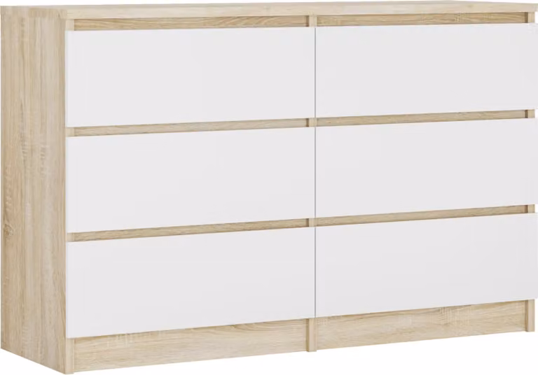 Cassettiera 6 cassetti, colore: rovere Sonoma / bianco opaco, 120 cm x 39 cm x 78 cm