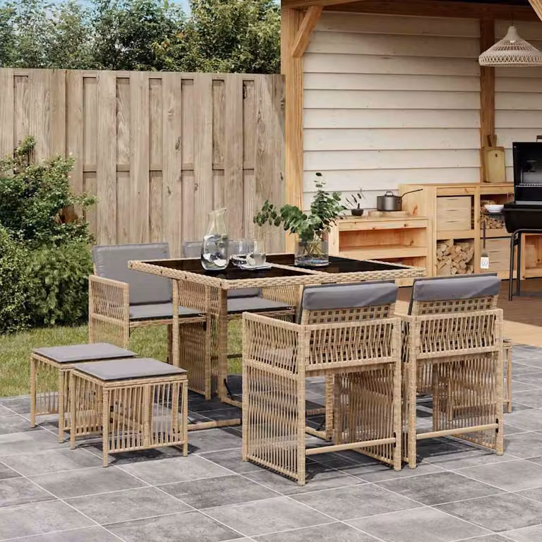 Set Pranzo da Giardino vidaXL 9 pz in Polyrattan con Cuscini Beige e Grigio e Tavolo in Vetro