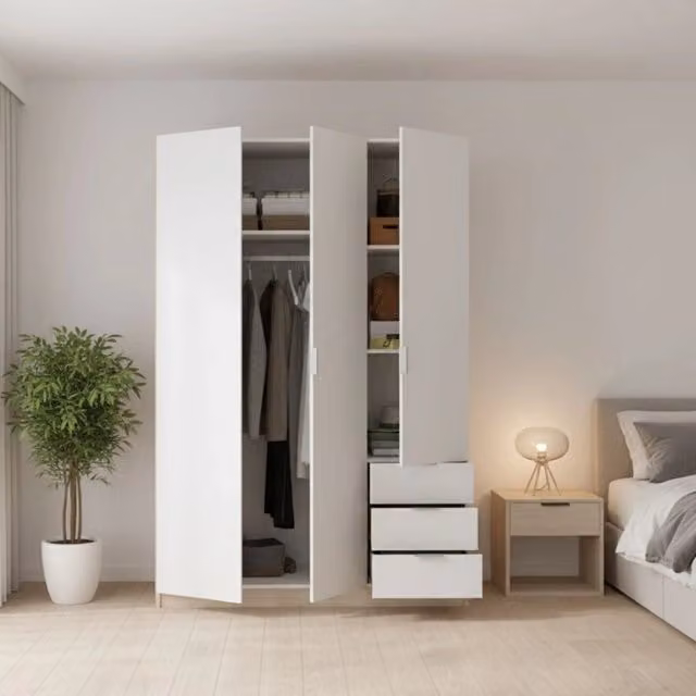 Armadio Astru per camera da letto con 3 ante battenti e cassetti, Bianco e Rovere, L: 121 cm, P: 52 cm, H: 184 cm