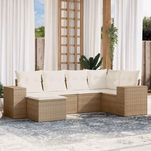 Set Divano da Giardino a L vidaXL in Polyrattan Beige con 6 Pezzi e Cuscini – 1