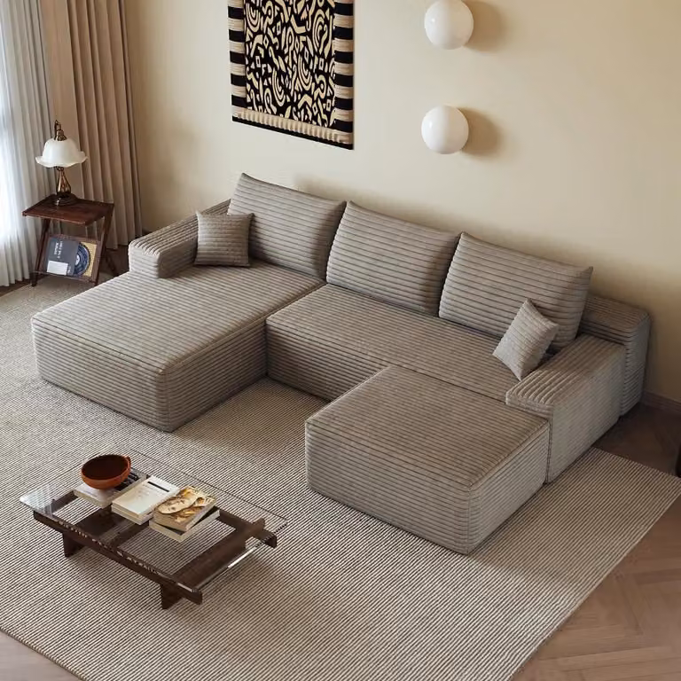 Divano angolare modulare a forma di L - Divano componibile per soggiorno - 4 posti - Rivestimento in corda - Imbottitura in schiuma - Consegna senza montaggio - Chaise longue a sinistra - Colore: cammello