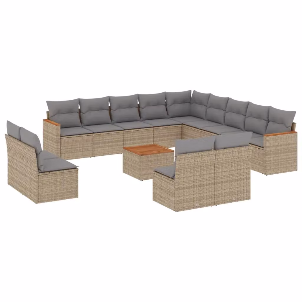 vidaXL Set Divano da Giardino a L 14 pz con Cuscini Beige e Grigio in Polyrattan e Legno di Acacia – 2
