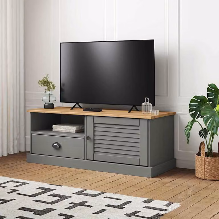 vidaXL Mobile Porta TV VIGO Grigio in Legno di Pino Massello e Metallo, L 106 x P 40 x H 40 cm