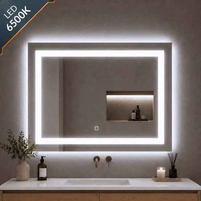 Specchio da bagno rettangolare OGOMONDO con cornice in alluminio silver, luce LED dimmerabile e interruttore touch, L: 80 cm, H: 60 cm