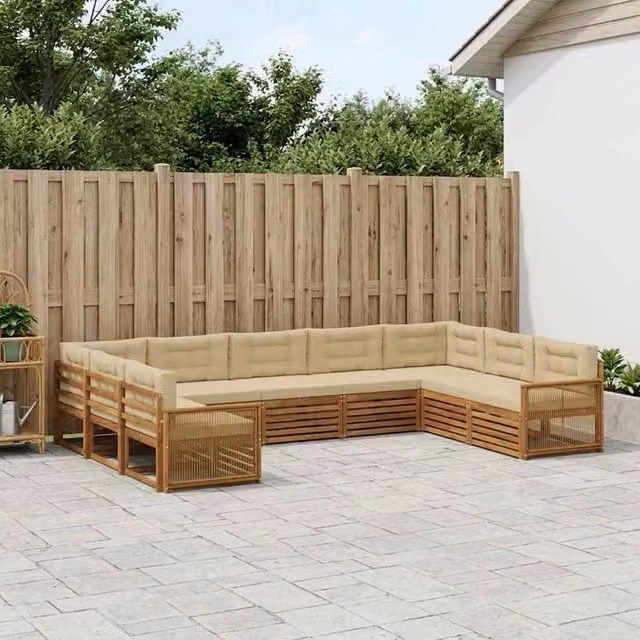 Set di divani da esterno a forma di U vidaXL in legno di acacia trattato, colore beige, 9 pezzi con cuscini inclusi – 1
