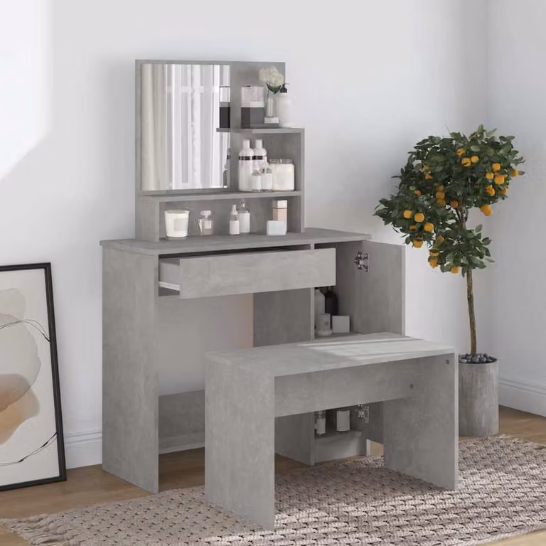 Set Tavolo da Toeletta vidaXL Grigio, L: 86,5 cm, P: 35 cm, H: 136 cm