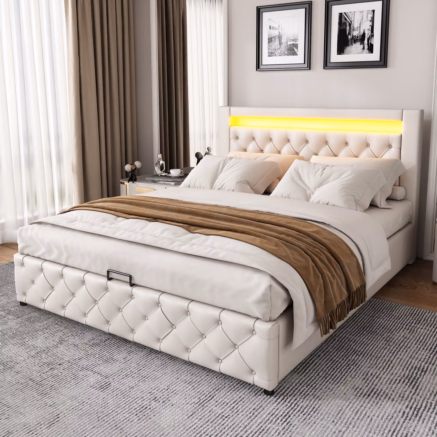 Letto imbottito MODFU 160 x 200 cm,,letto matrimoniale,letto per ragazzi con rete a doghe e contenitore, letto contenitore con illuminazione LED, con materasso, bianco