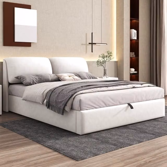 Letto matrimoniale 180x200 cm in velluto beige con contenitore idraulico e 3 cassetti