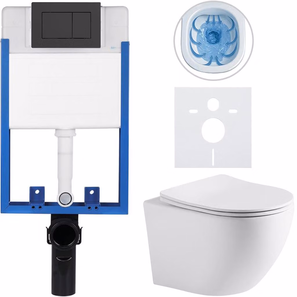 Set completo per WC sospeso Lite/Cesso - bianco opaco - pulsante per WC Classic, nero opaco - da incasso - 49x36 cm