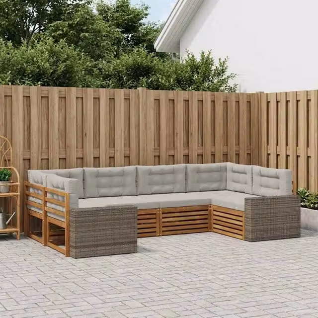 Set di divani da esterno a L vidaXL in legno di acacia con cuscini, beige e grigio – 1