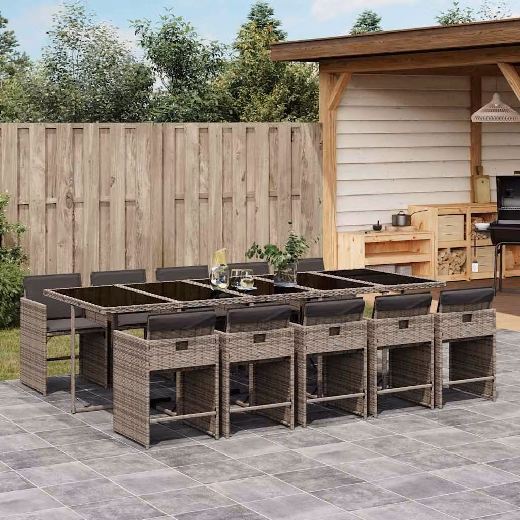 vidaXL Set da Pranzo da Giardino 11pz in Polyrattan con Piano in Vetro e Cuscini Grigio e Nero – 1