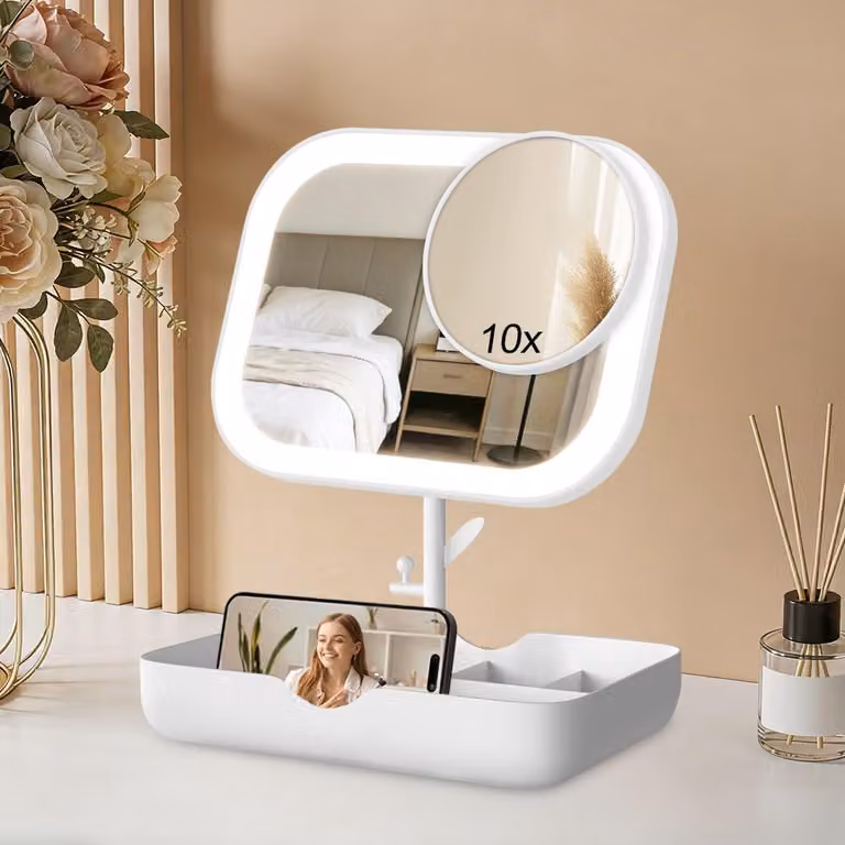 Specchio da trucco con 28 LED, ingrandimento 10x, ricaricabile, bianco