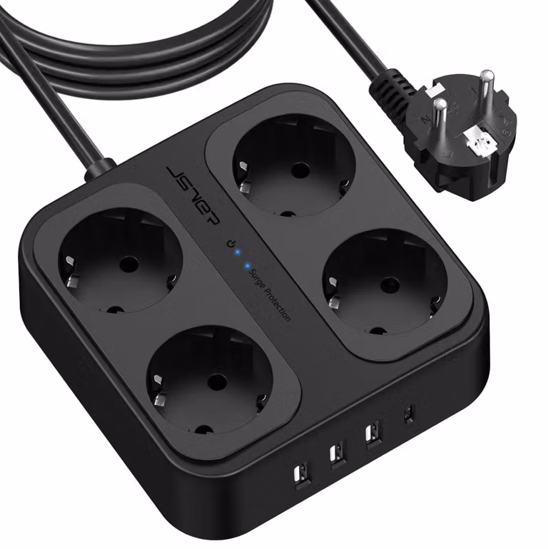 Ciabatta multipresa con protezione da sovratensione, dotata di 4 prese, 3 porte USB-A e 1 porta USB-C