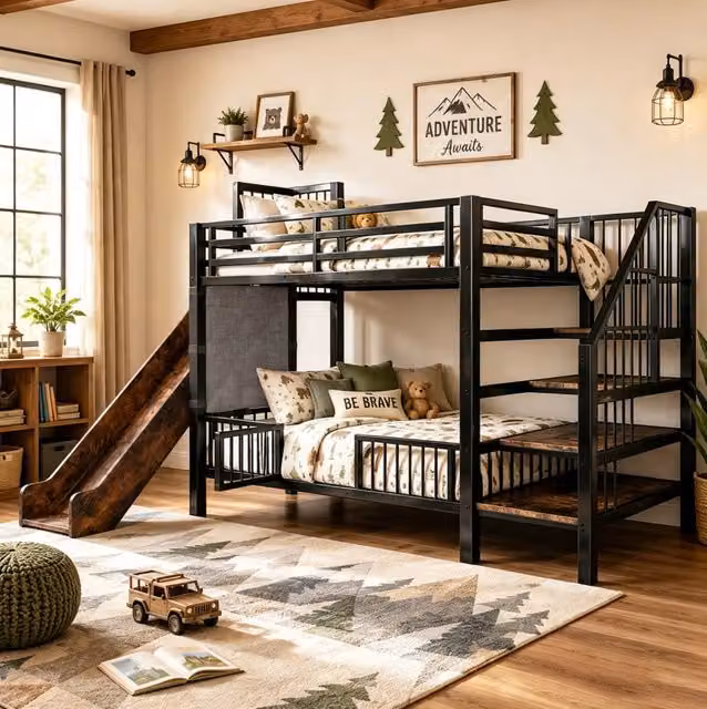 Letto a soppalco in metallo 90x200 cm con scivolo; scala contenitore e ripiani; nero