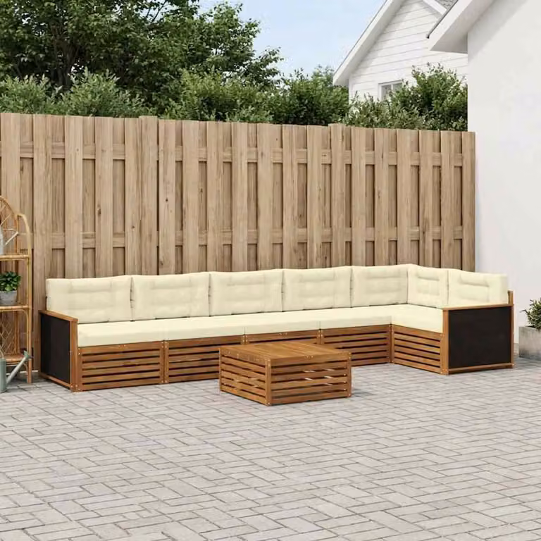 Set di divani da esterno vidaXL 7 pz in legno di acacia e poliestere, colore naturale e crema