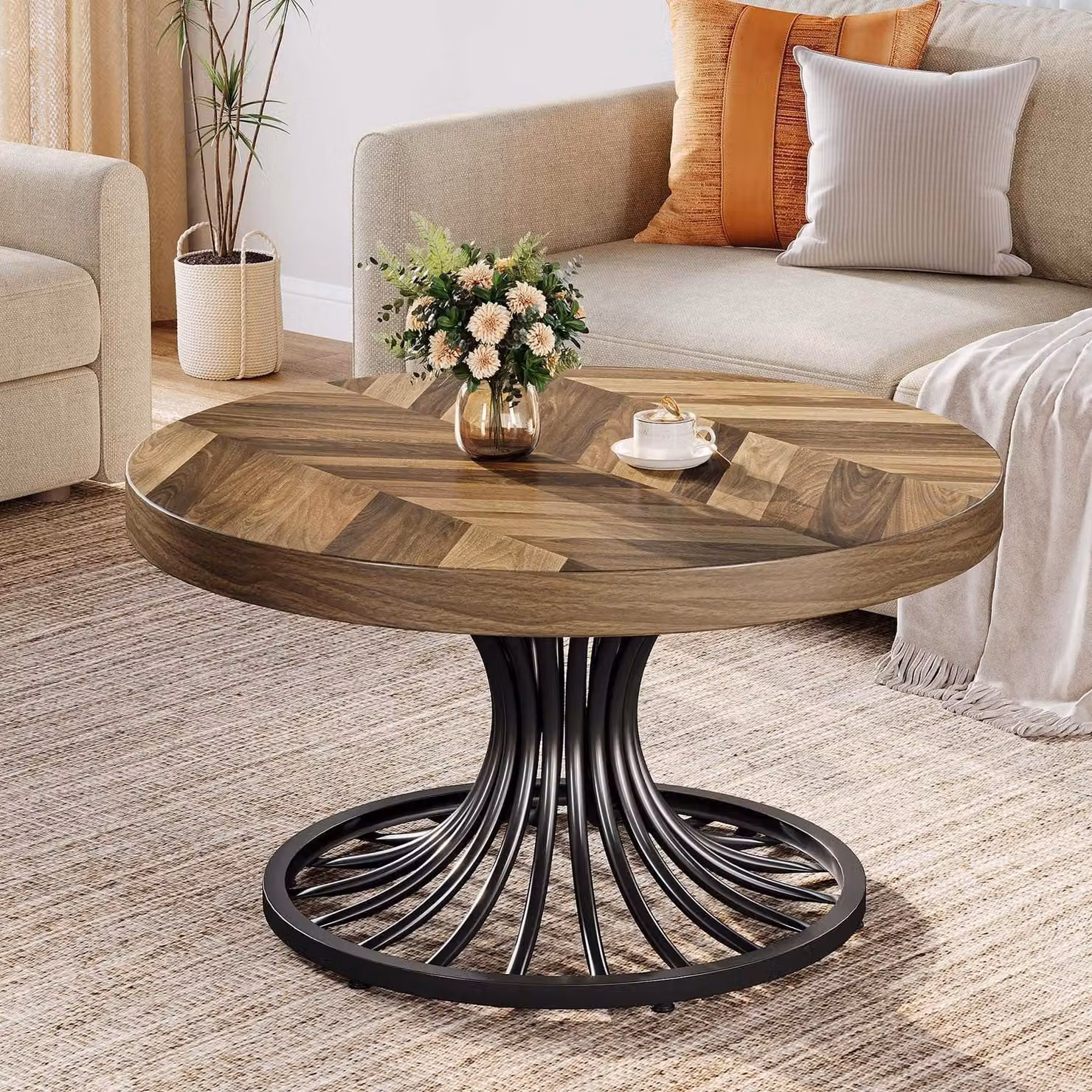 Tavolino rotondo in legno, stile rustico, diametro 79 cm, colore marrone e nero