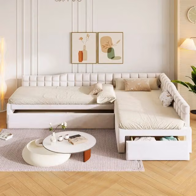 Letto a L 90x200 cm con letto estraibile 90x190 cm; cassetti e rivestimento in velluto beige per cameretta