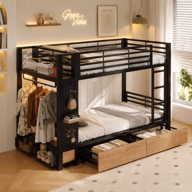 Letto a castello 90 × 200 cm con 4 cassetti, barra appendiabiti e luce LED, senza materasso, in metallo e MDF, nero