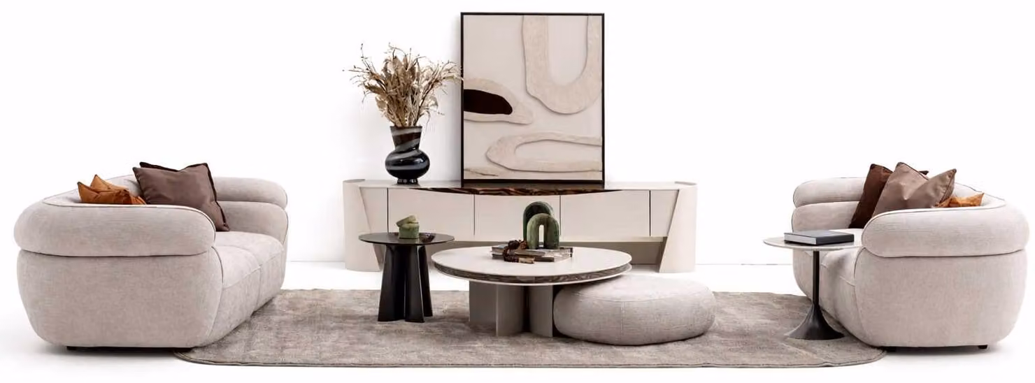 Set soggiorno: divano 4 posti + divano 3 posti, tavolino da caffè di design, mobile TV basso, colore beige, stile moderno