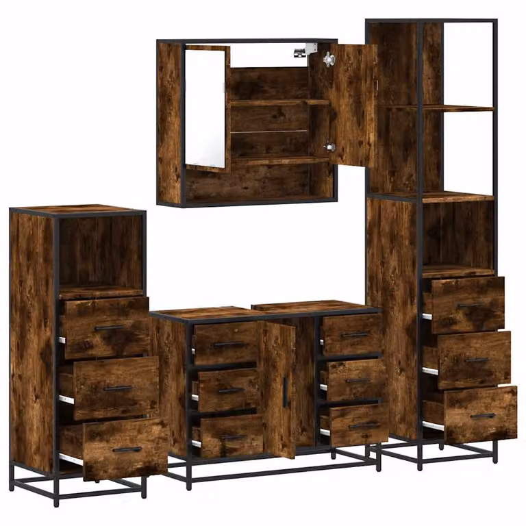 Set di mobili da bagno industrial vidaXL in legno e metallo marrone composto da armadietto con specchio, mobile lavabo, mobile laterale e colonna alta
