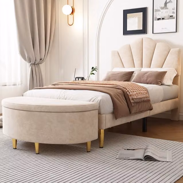 Panca contenitore imbottita 90x40x42 cm in velluto beige con vano portaoggetti