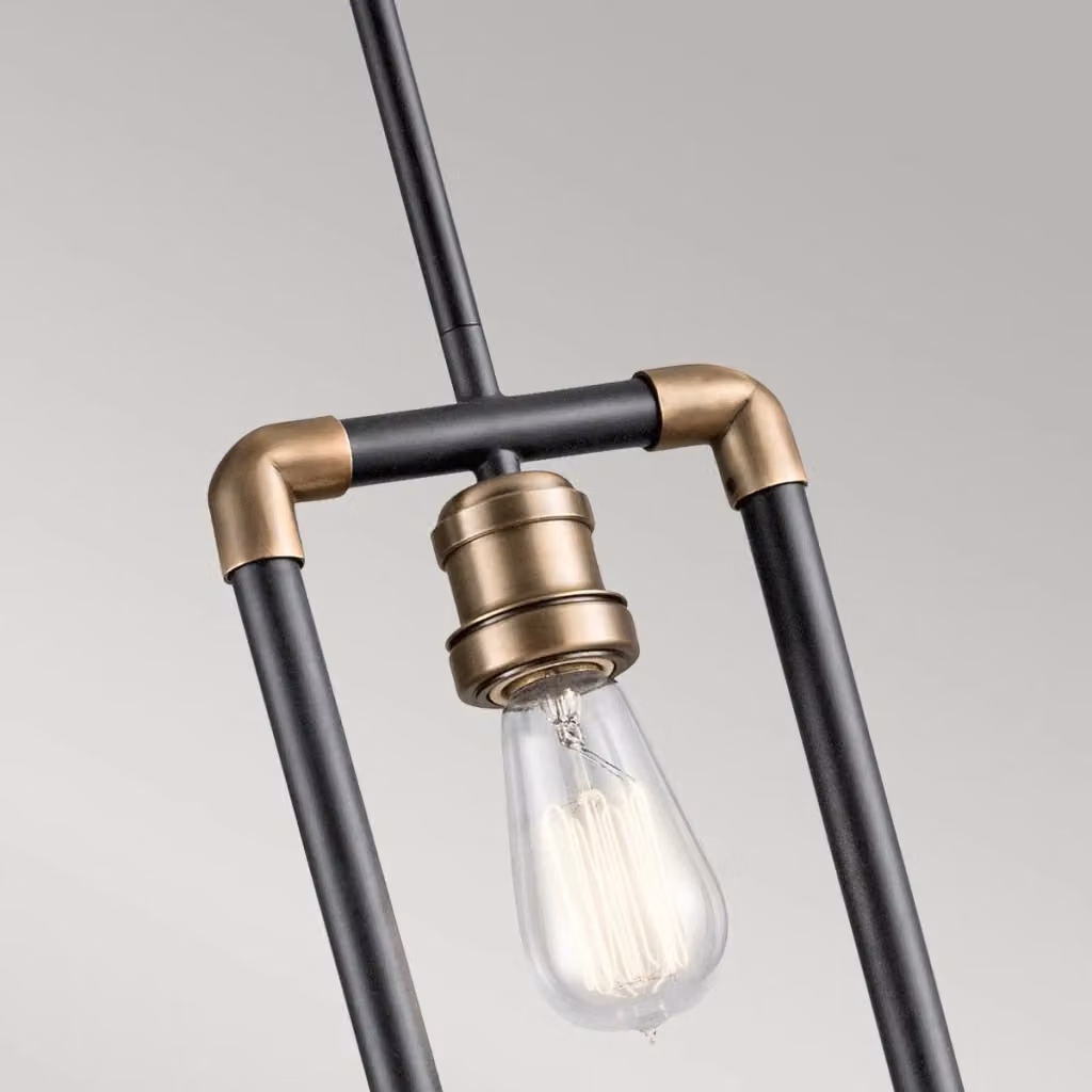 Lampada a sospensione industriale Imahn Kichler in metallo nera e ottone con vetro trasparente e altezza regolabile – 2