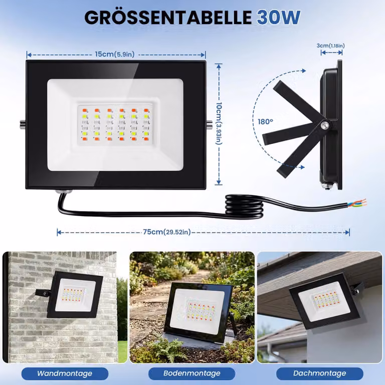 Faretto LED RGB per illuminazione esterna - 30 W - 1 unità - 220–240 V - Grado di protezione IP66 (resistente all'acqua) - Con telecomando