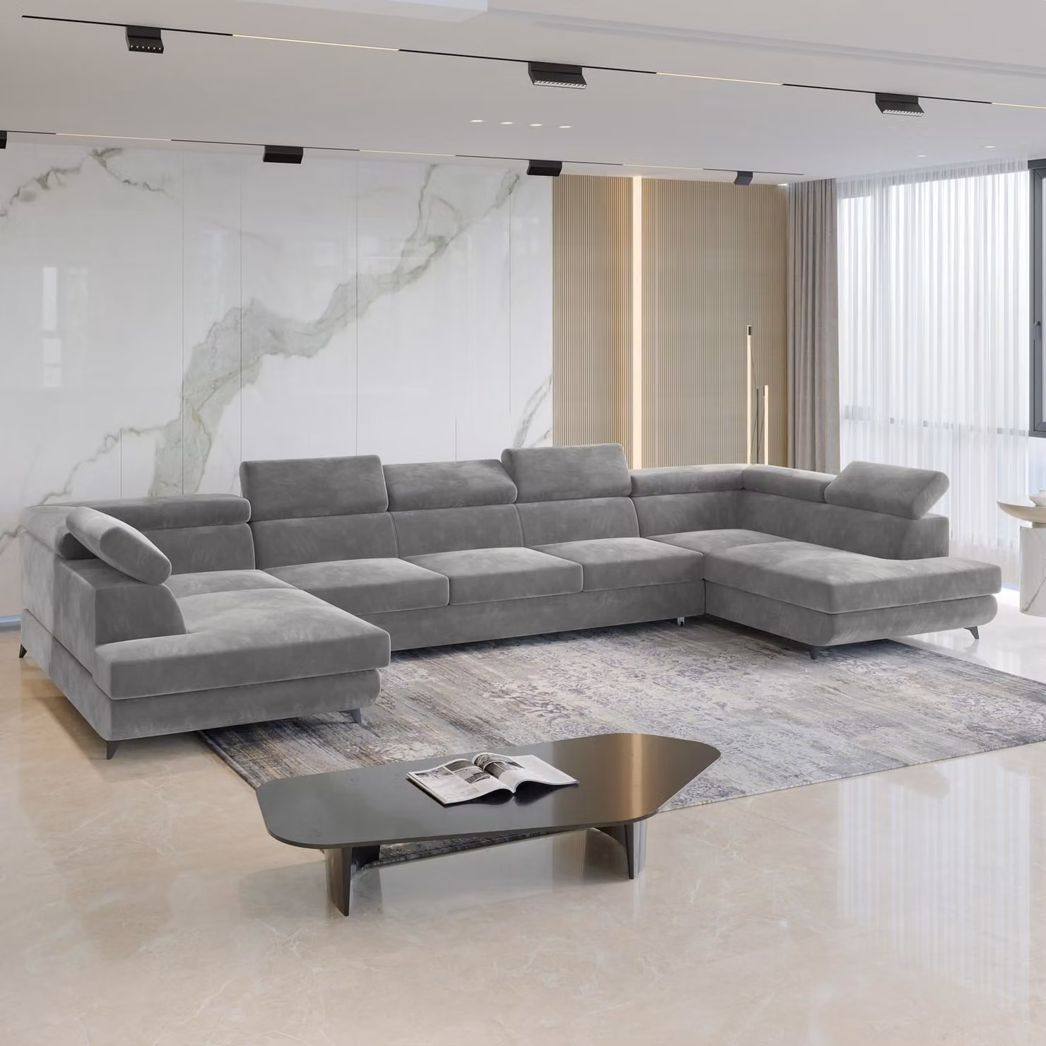 Divano angolare Masseno URMANO con funzione letto a U, divano con box letto, divano da soggiorno, divano, divano letto, set di divani - grigio chiaro, MONOLITH 84