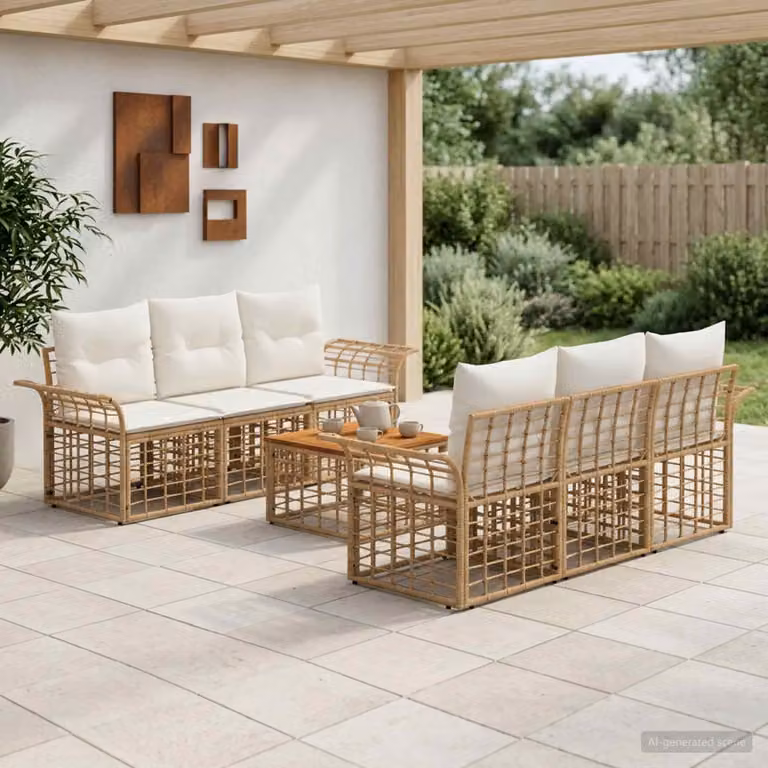 Set di divani da esterno vidaXL in polyrattan 7 pezzi con tavolo da caffè, colore beige e bianco, design moderno a forma di U per giardino e terrazza