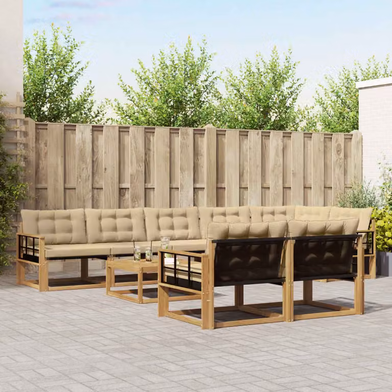 Set di divani da esterno vidaXL 9 pz in legno di acacia con tavolo da caffè e cuscini, Bianco e Beige