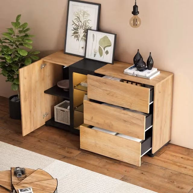 Credenza e madia con LED RGB, 3 cassetti, anta e vani, per soggiorno, in truciolare nero e marrone, 140 × 40 × 80 cm