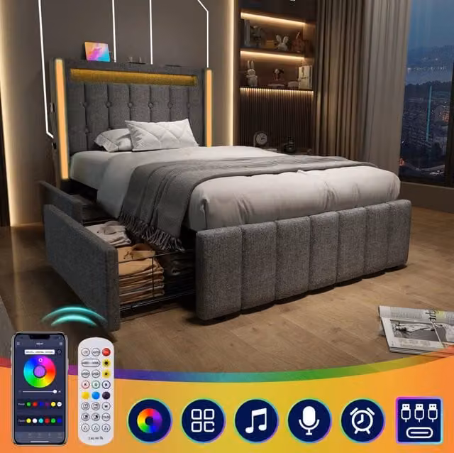 Letto singolo 90x200 cm con USB Type-C; LED e 2 cassetti; grigio