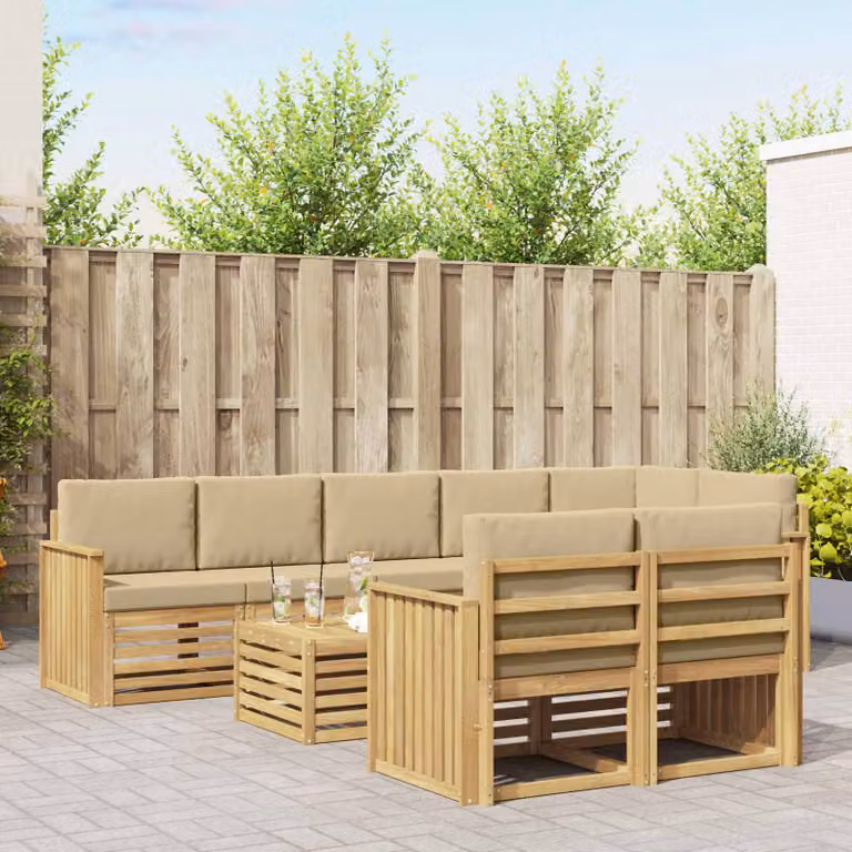 Set di divani da esterno vidaXL 9 pz in legno di acacia con tavolo da caffè, colore bianco, beige e marrone
