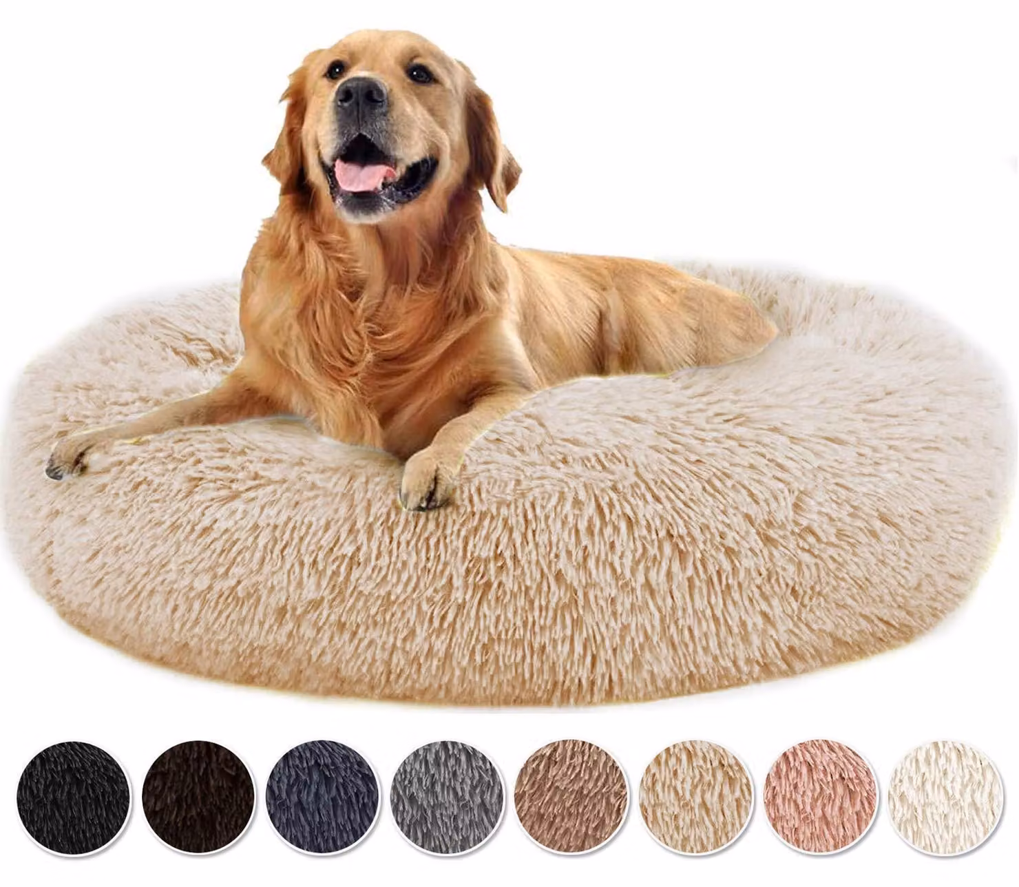 Cuccia a forma di ciambella per cani e gatti, realizzata in peluche, di forma rotonda, lavabile, auto-riscaldante, color beige, dimensioni 100x100x20 cm