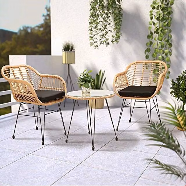 Set da Giardino Tavolino e 2 Poltrone in Rattan Nero e Naturale con Cuscini Casa Bar Hotel