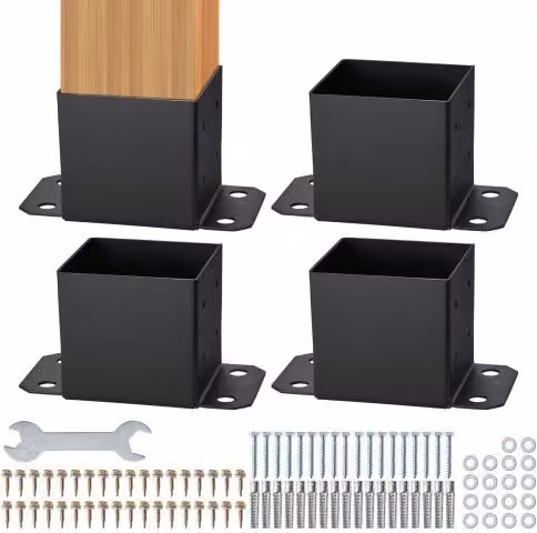 Kit di 4 supporti VEVOR in acciaio al carbonio nero per pali in legno da 152 x 152 mm, basi per ancoraggio interno di ringhiere, corrimano, terrazze e portici