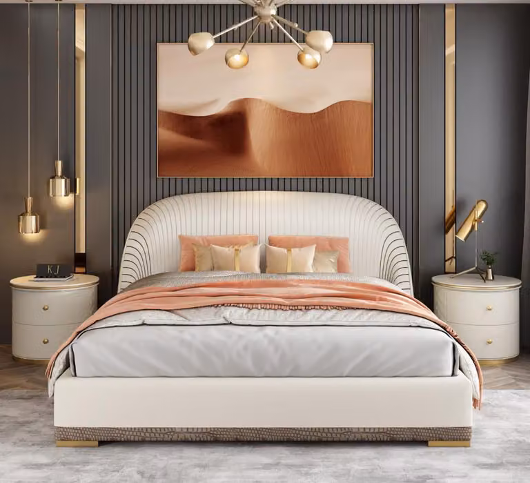 Designer Doppelbett Bett Hotel Luxus Schlafzimmer 150/180x200cm Leder Metall