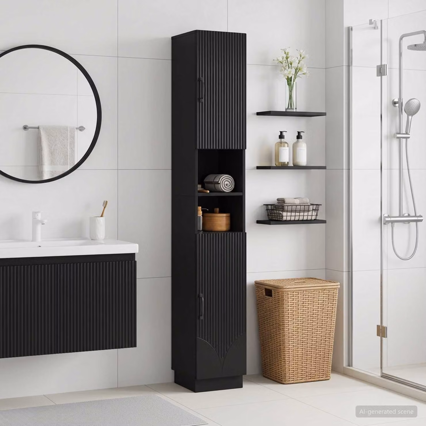 Armadio da bagno vidaXL HOORN nero con ripiano aperto e ante a battente L/P/H: 30 x 31 x 187 cm