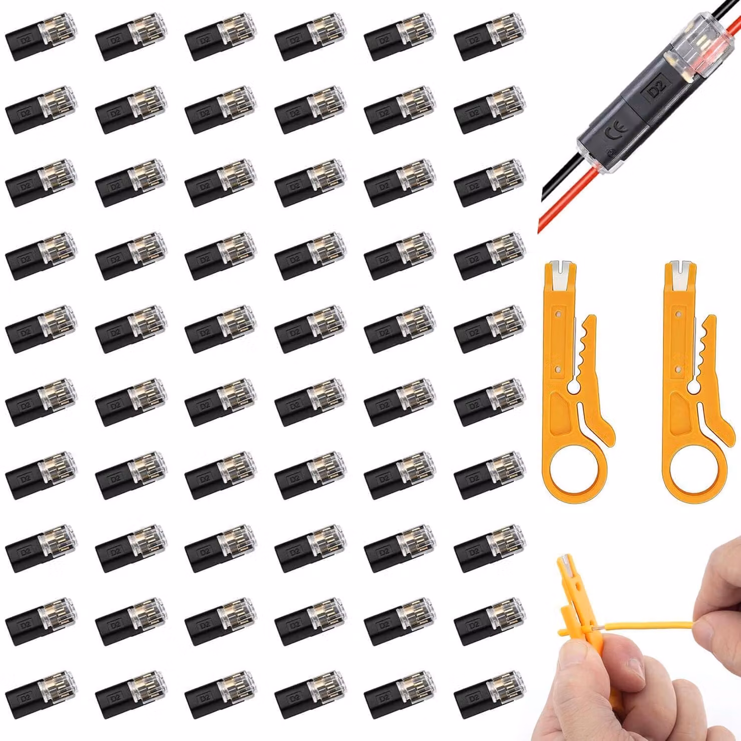 60 connettori elettrici + 2 pinze spelafili, a inserimento rapido, per cavi da 18 a 22 AWG