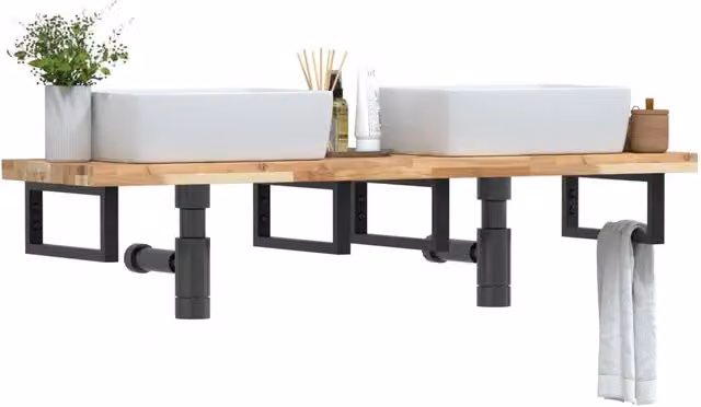 Ripiano a Parete per Lavabo in Acciaio e Legno di Acacia Nero e Marrone L: 160 cm, P: 40 cm, H: 5 cm