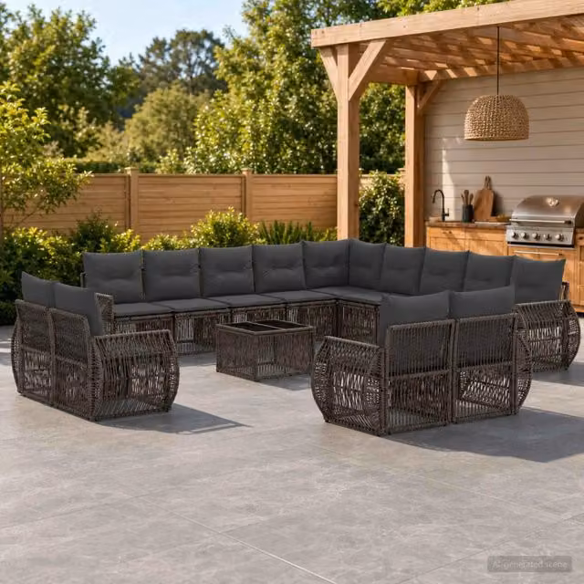 Set Divano da Giardino a L con Tavolino vidaXL, 14 Pezzi in Polyrattan Grigio e Antracite con Cuscini Inclusi